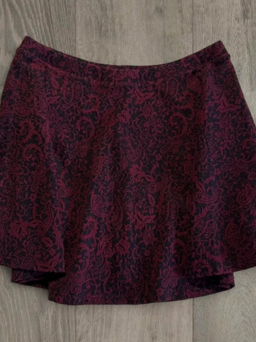 Burgundy skater skirt, dark floral mini (Forever 21, M)